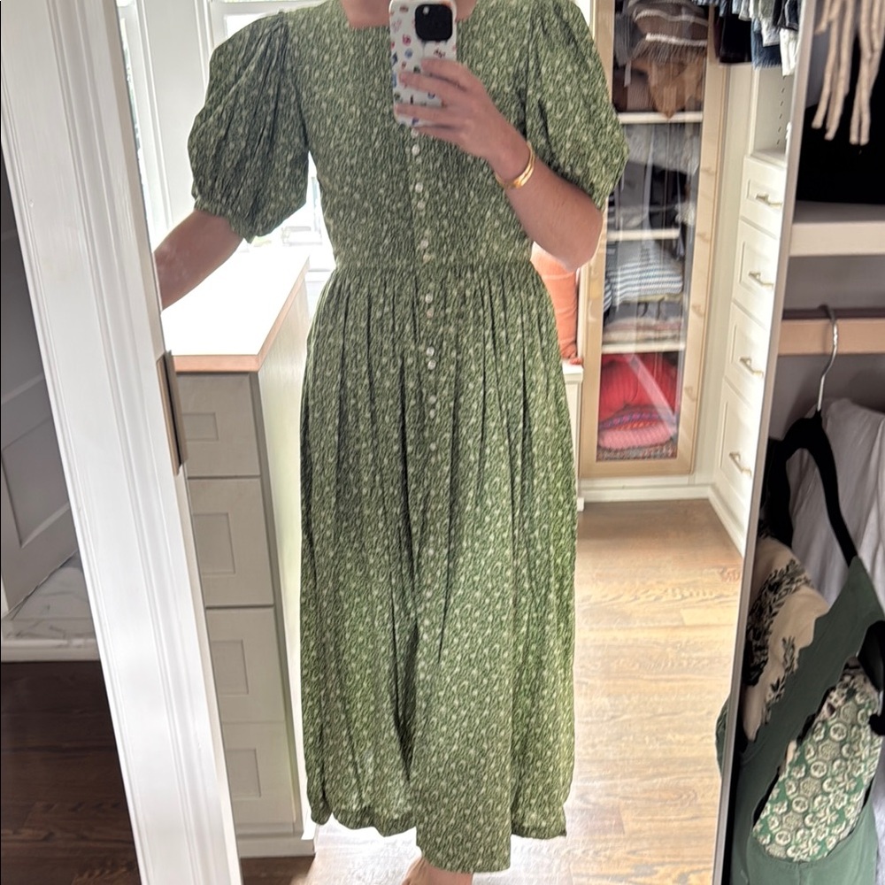 Doen Green Ruffled Puff Sleeve Sundress